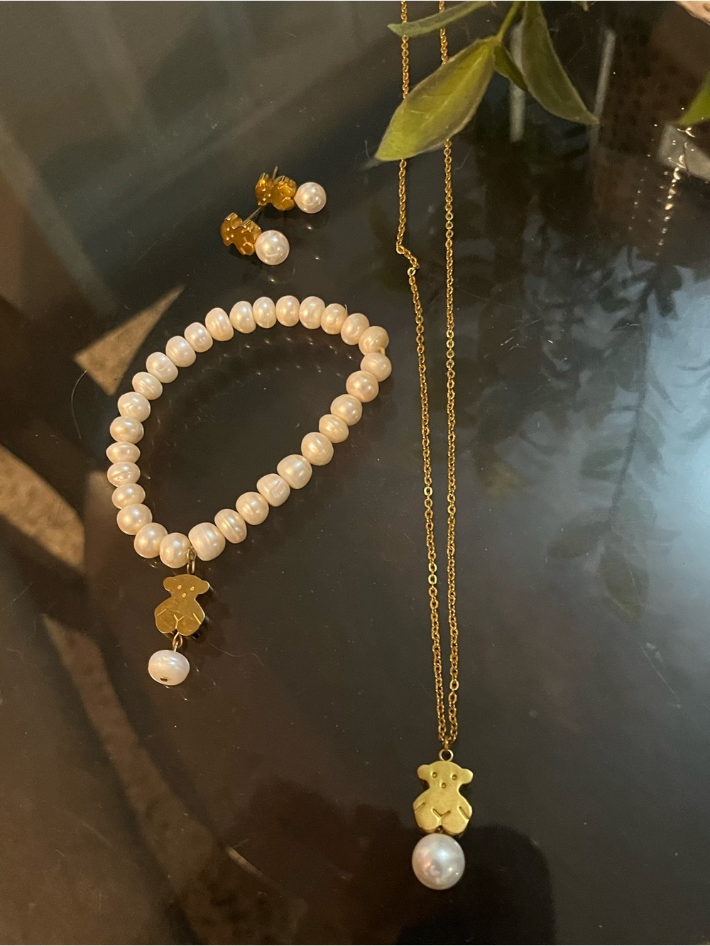 Gold & Pearl Teddy Pendant Necklace and Pearl Bracelet Set - White Pearls